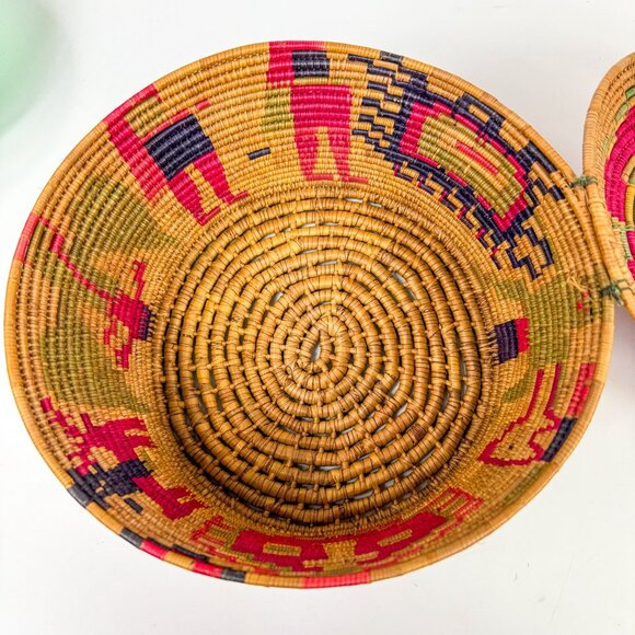 Vintage Mexican Hand-Dyed Coiled Polychrome Figural Basket With Lid - Picture 8 of 9